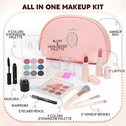 All in One Makeup Kit for Teen Girls Beginner, Makeup Gift Set with Eyeshadow Palette Blush Lipstick Lip Pencil Eye Pencil Brush Mascara Portable Bag - Pink