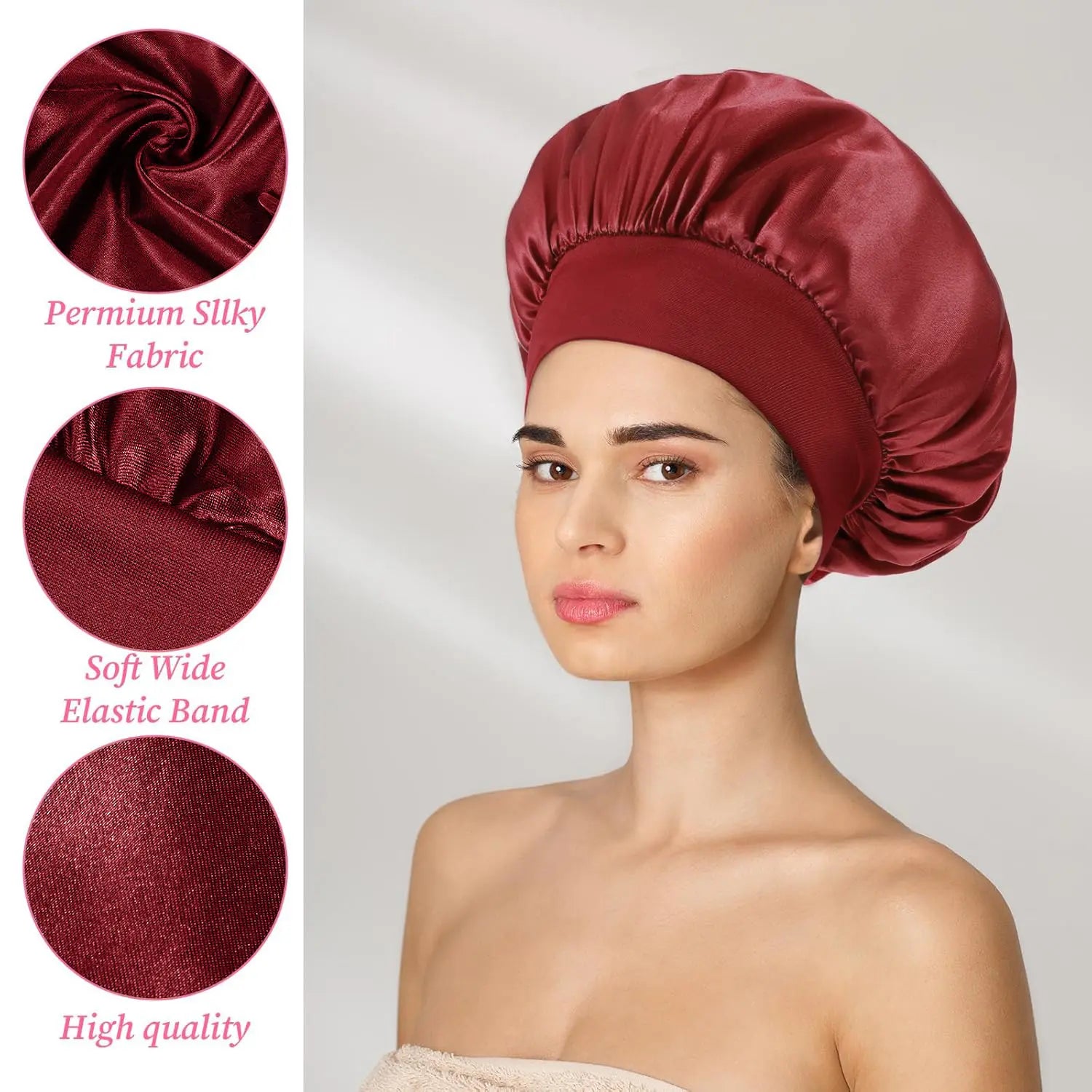 Twicebeauty Women'S Silk Hair Bonnet for Braids - Satin Sleep Cap with Soft Elastic Band, Casual Adults' Daily Haircare Gift Accessory, Wine-Colored, Cold Wash & Easy to Clean