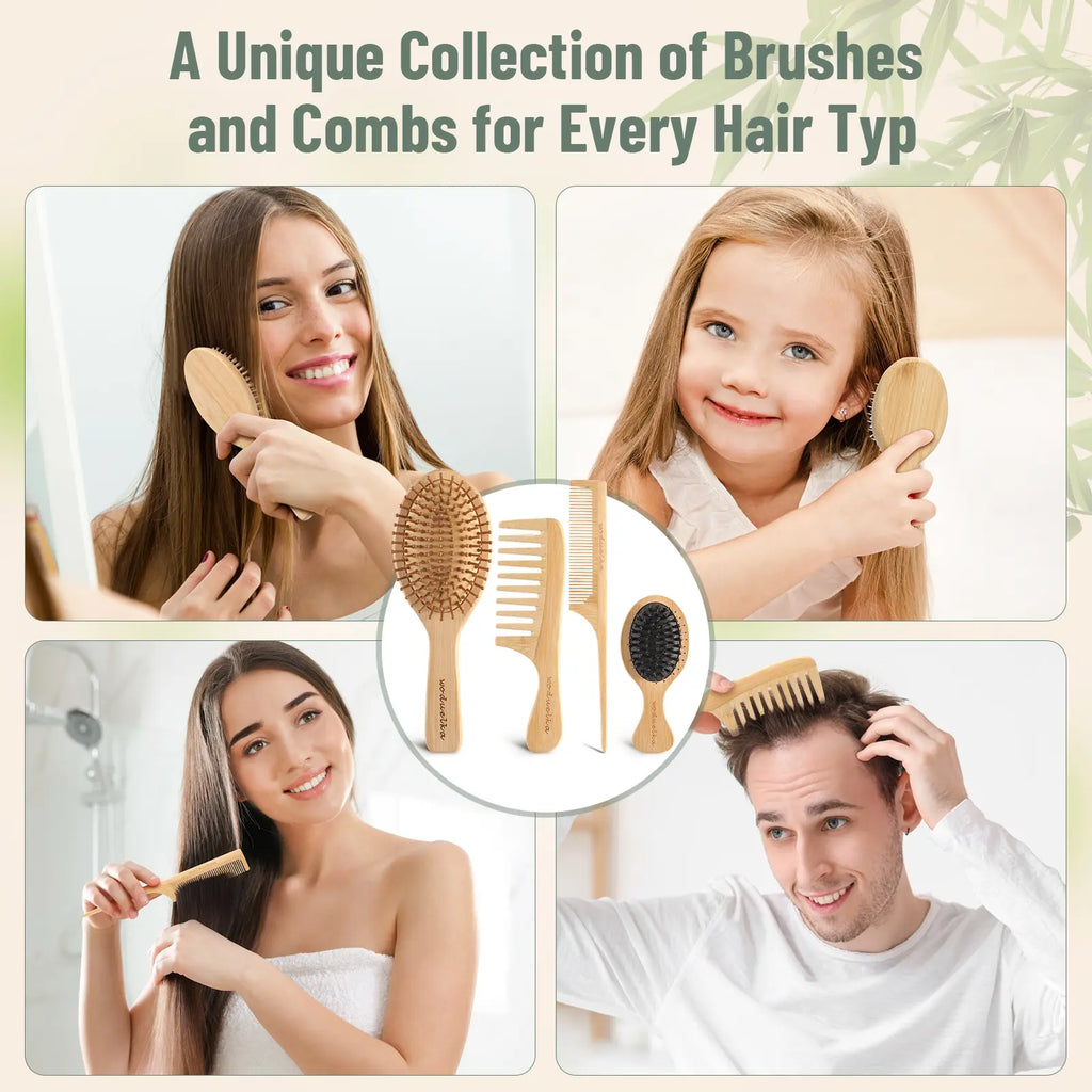Bamboo Hair Brush Set – Bamboo Comb Set for Hair Growth, Paddle Detangling Hairbrush, Wide Tooth & Tail Tooth Comb and Mini Boar Bristle Travel Hairbrush, Brush Cleaner Included, Summer Hairstyles