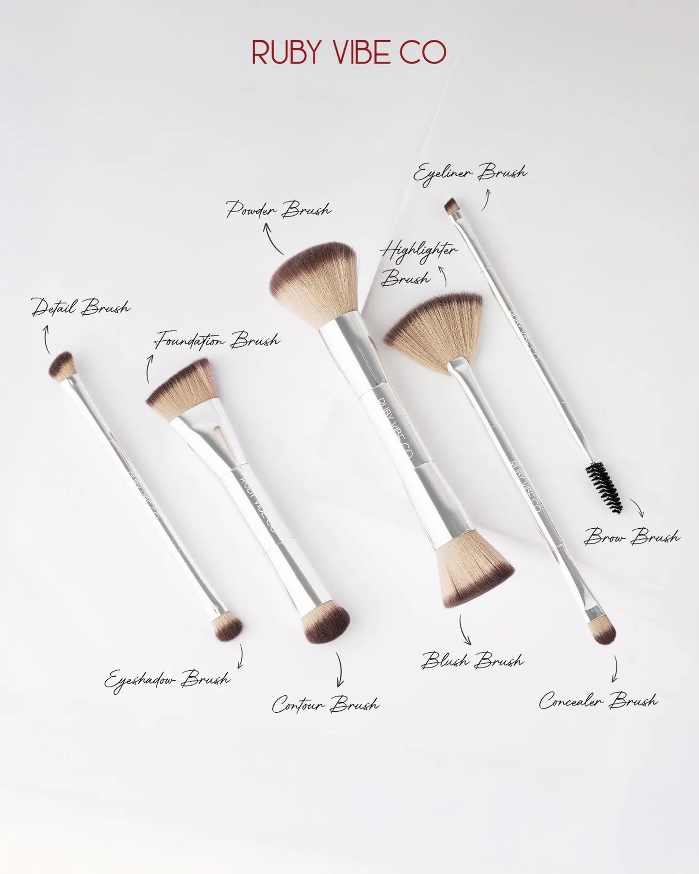 RUBY VIBE CO Dualflex Precision 5-Brush Set-Travel Makeup Brush Set with Dual Ended Makeup Brush, Foundation Brush for Liquid Makeup, Eyeshadow Brush Set, Setting Powder Brush for Face and Eyes