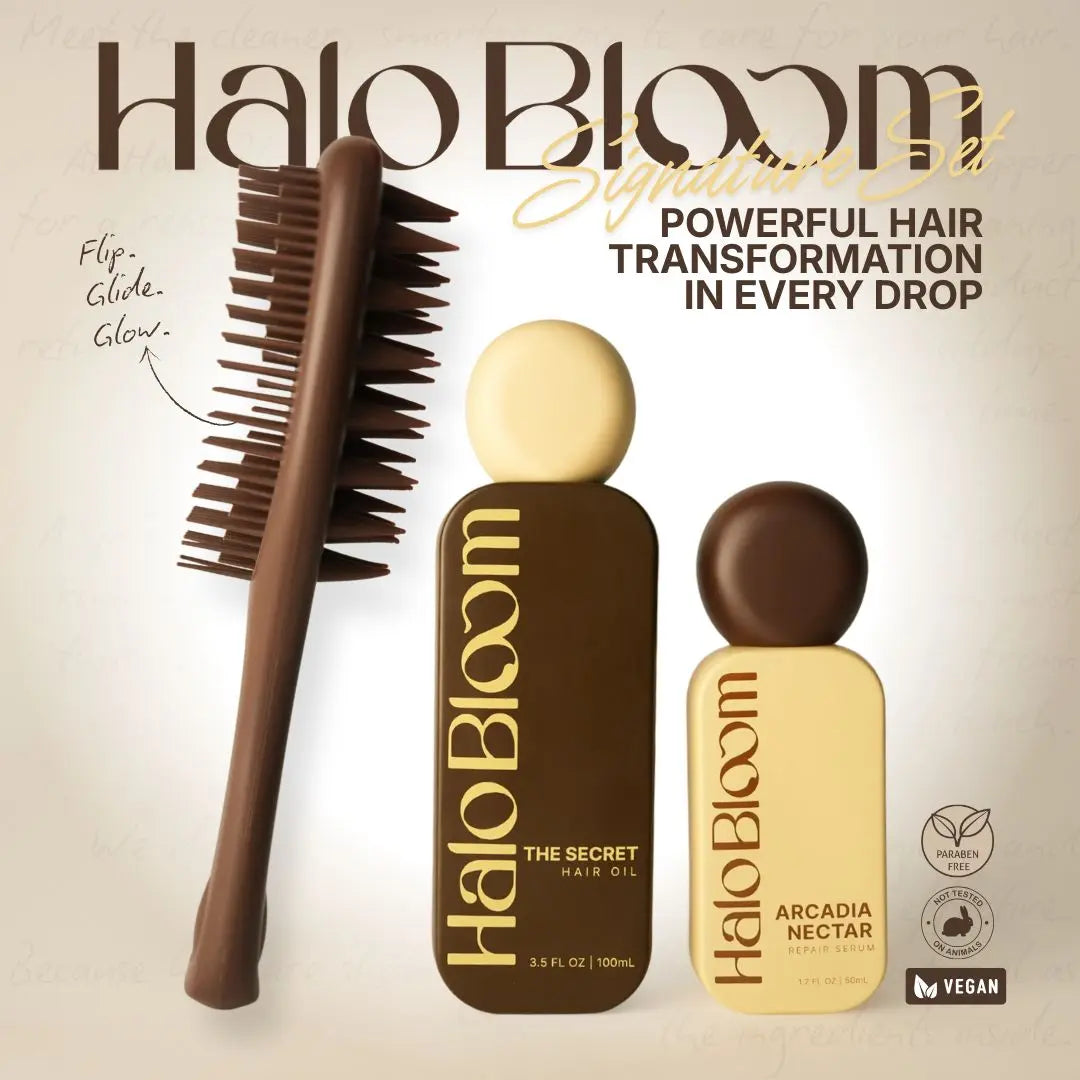Halo Bloom Signature Set Gift Bundle the Secret Abloomdant Arcadia Hair Oil Serum Brush Set for Festive Hair Care