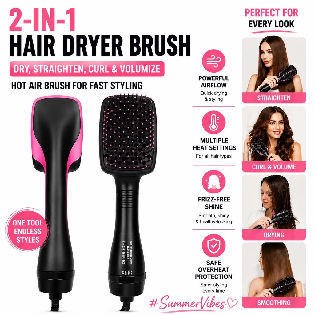 2-In-1 Hair Dryer Brush – One Step Hot Air Styler for Drying, Curling, Straightening & Adding Volume, Smooth Frizz-Free Hair Styling Tool