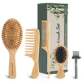 Bamboo Hair Brush Set – Bamboo Comb Set for Hair Growth, Paddle Detangling Hairbrush, Wide Tooth & Tail Tooth Comb and Mini Boar Bristle Travel Hairbrush, Brush Cleaner Included, Summer Hairstyles