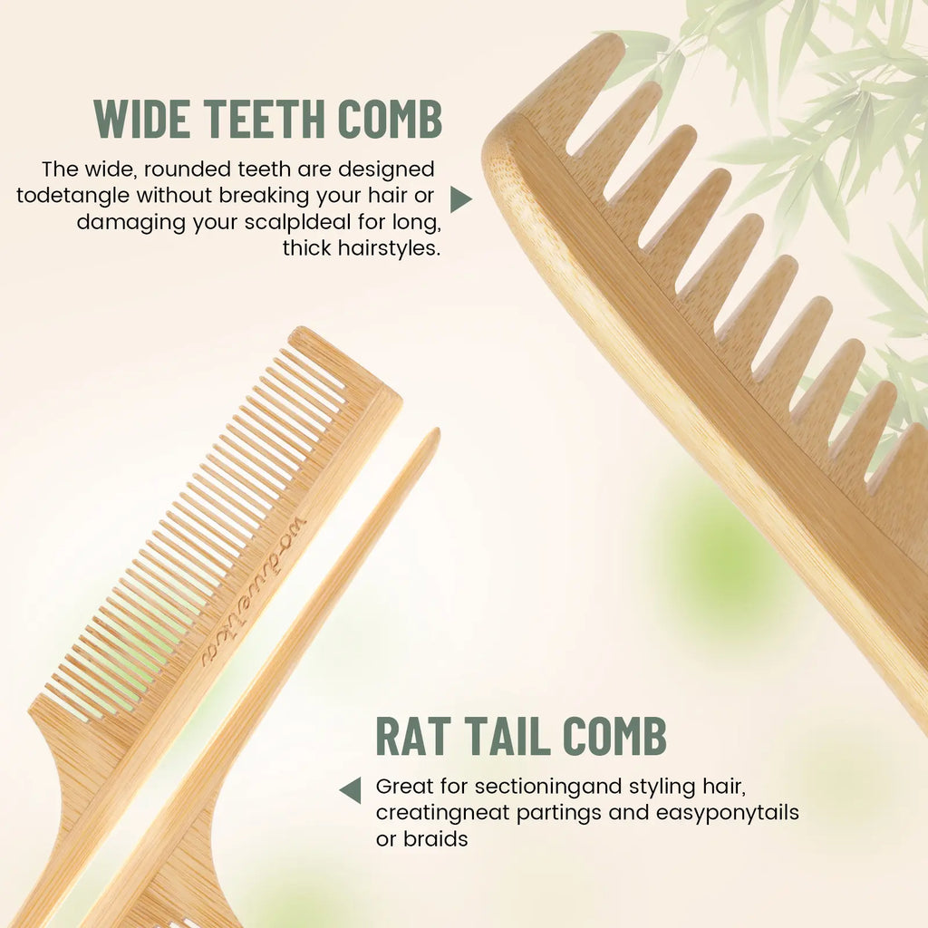 Bamboo Hair Brush Set – Bamboo Comb Set for Hair Growth, Paddle Detangling Hairbrush, Wide Tooth & Tail Tooth Comb and Mini Boar Bristle Travel Hairbrush, Brush Cleaner Included, Summer Hairstyles
