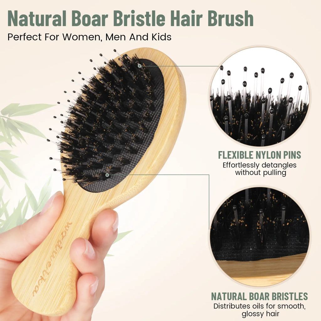 Bamboo Hair Brush Set – Bamboo Comb Set for Hair Growth, Paddle Detangling Hairbrush, Wide Tooth & Tail Tooth Comb and Mini Boar Bristle Travel Hairbrush, Brush Cleaner Included, Summer Hairstyles