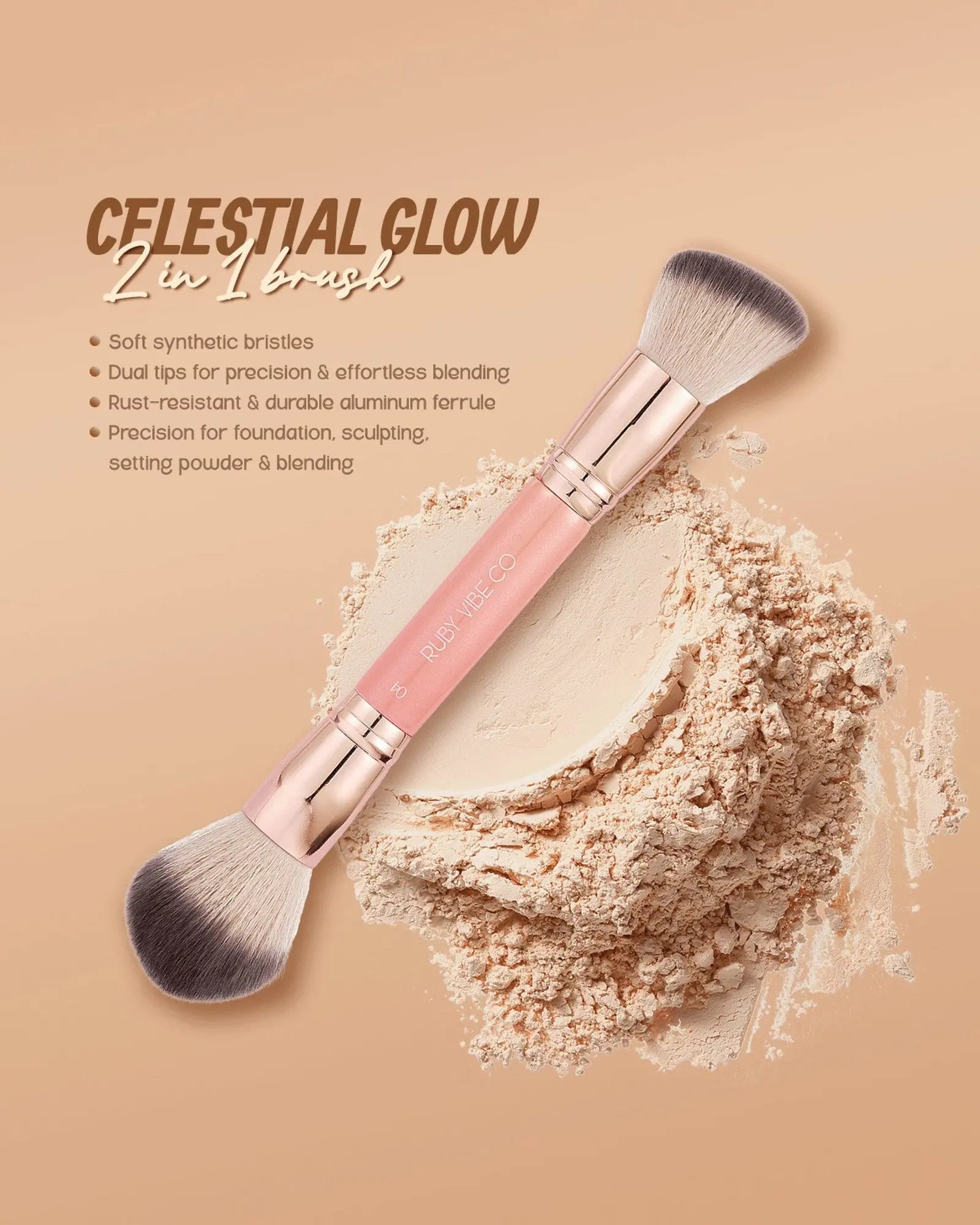 [RUBY VIBE CO] Celestialglow 2-In-1 Brush 016 Complexion Foundation & Concealer Brush Vegan Cruelty-Free Synthetic Bristles, Rose Gold Aluminum Ferrule, Pink Wooden Handle