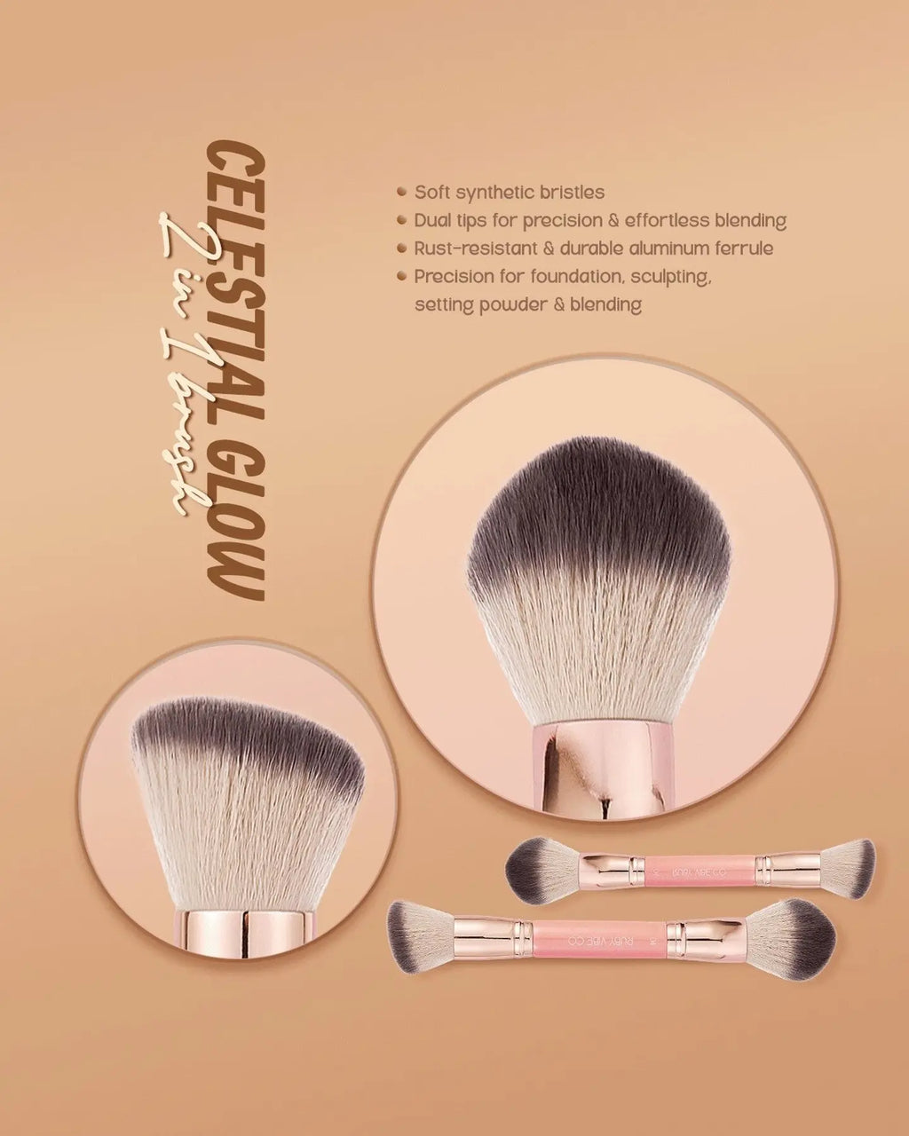 [RUBY VIBE CO] Celestialglow 2-In-1 Brush 016 Complexion Foundation & Concealer Brush Vegan Cruelty-Free Synthetic Bristles, Rose Gold Aluminum Ferrule, Pink Wooden Handle