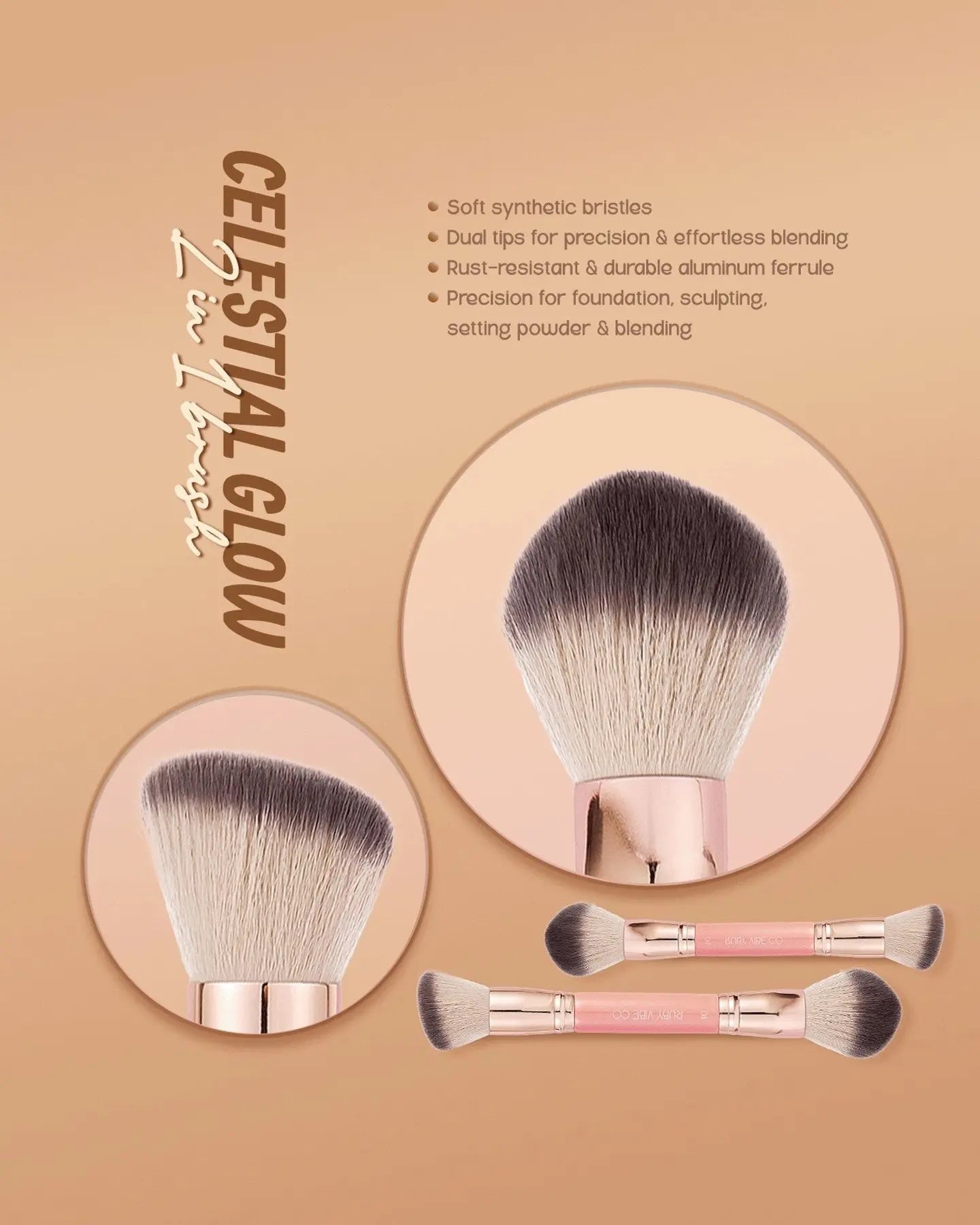 [RUBY VIBE CO] Celestialglow 2-In-1 Brush 016 Complexion Foundation & Concealer Brush Vegan Cruelty-Free Synthetic Bristles, Rose Gold Aluminum Ferrule, Pink Wooden Handle