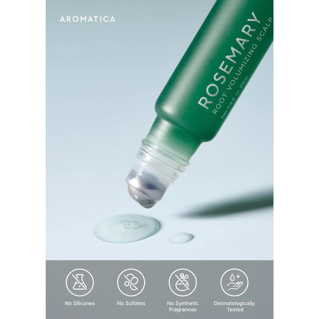 AROMATICA Rosemary Root Volumizing Scalp Serum, Hair Growth Serum Roll On, Caffeine 10,000Ppm & Rosemary Essential Oils 1,400 Ppm, Cooling Scalp Korean Hair Care, Silicon/Paraben/Sulfate‑Free (0.67Oz)