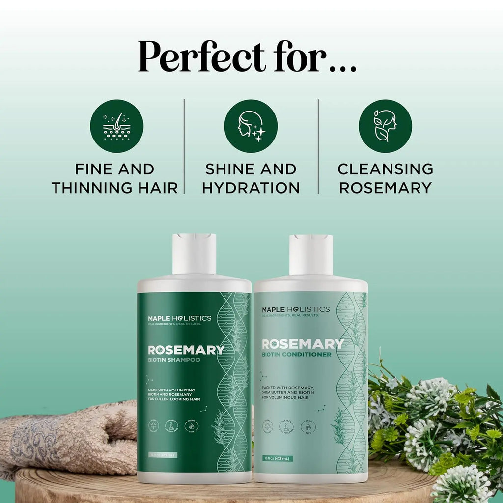 Maple Holistics Biotin & Rosemary Shampoo and Conditioner Set - Volumizing Hair Care for Thicker-Looking Hair | Scalp Invigorating Formula with Rosemary Oil | Sulfate-Free & Vegan Duo for Fine & Thinning Hair