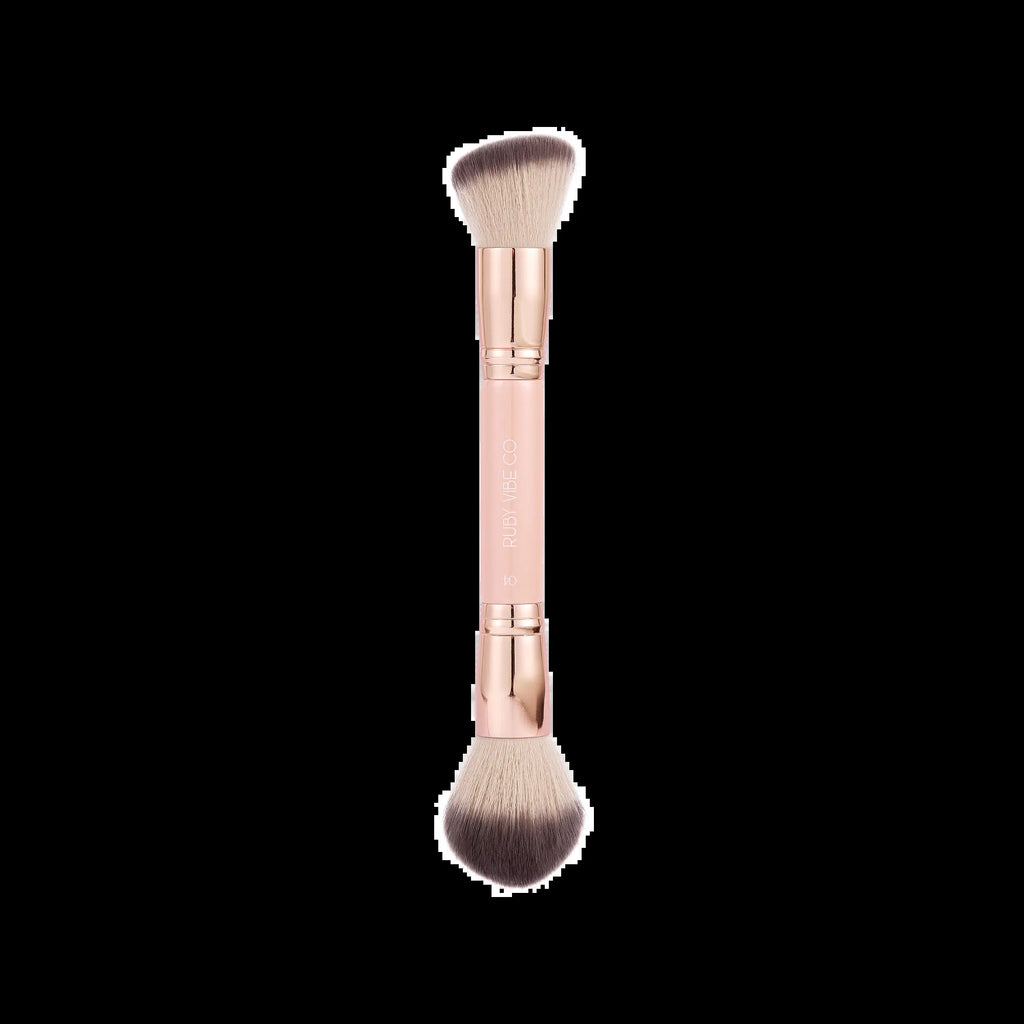 [RUBY VIBE CO] Celestialglow 2-In-1 Brush 016 Complexion Foundation & Concealer Brush Vegan Cruelty-Free Synthetic Bristles, Rose Gold Aluminum Ferrule, Pink Wooden Handle