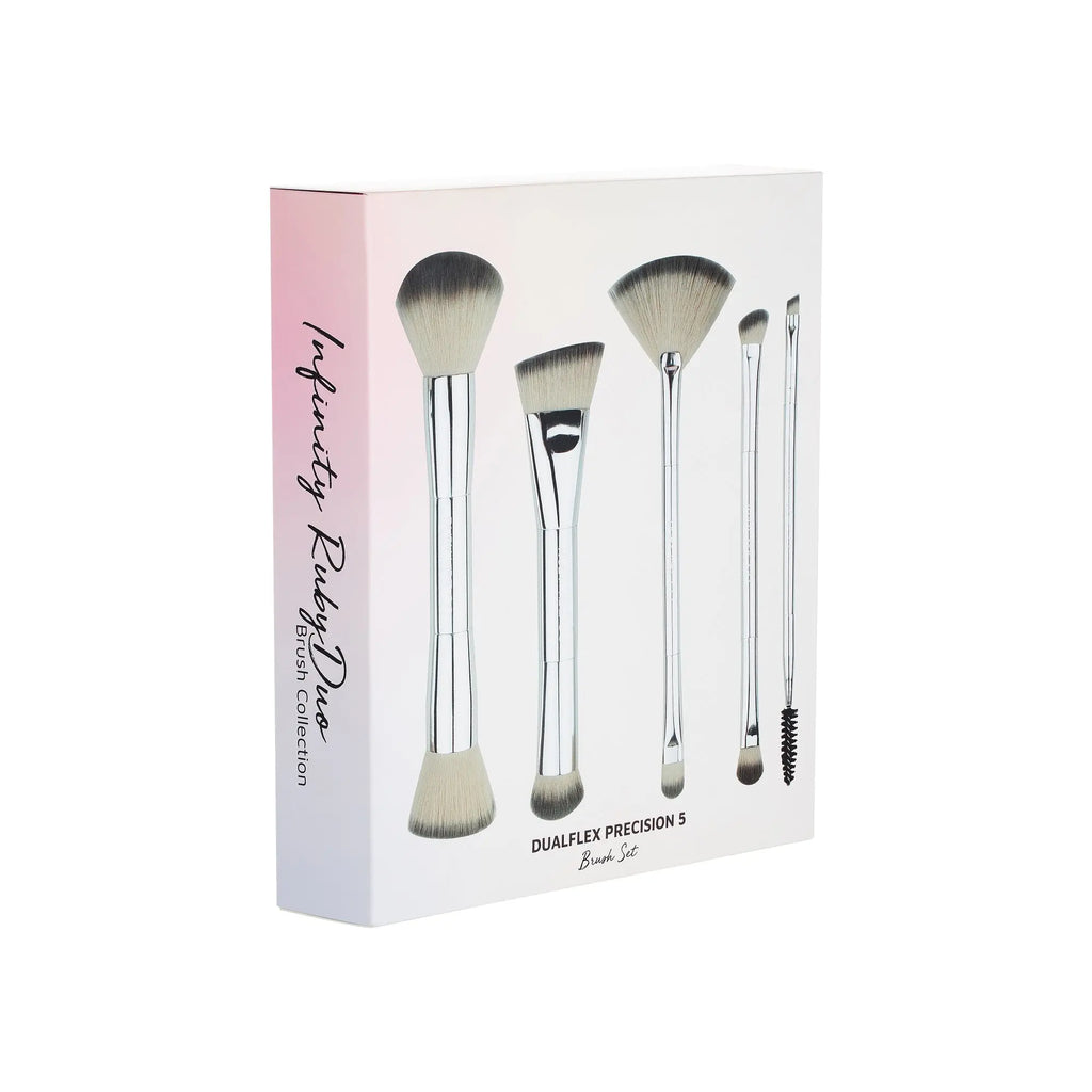 RUBY VIBE CO Dualflex Precision 5-Brush Set-Travel Makeup Brush Set with Dual Ended Makeup Brush, Foundation Brush for Liquid Makeup, Eyeshadow Brush Set, Setting Powder Brush for Face and Eyes