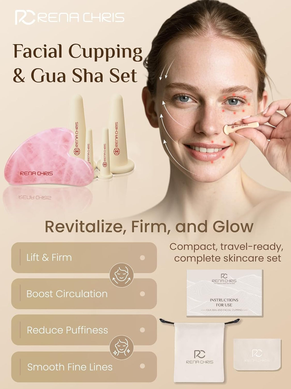 Facial Cupping Set & Gua Sha Facial Tool - Silicone Cupping Set & Rose Quartz Gua Sha Stone - Face Cupping Therapy Sets for Natural Skin Care, Puffiness, Lip Plumping (Pink)