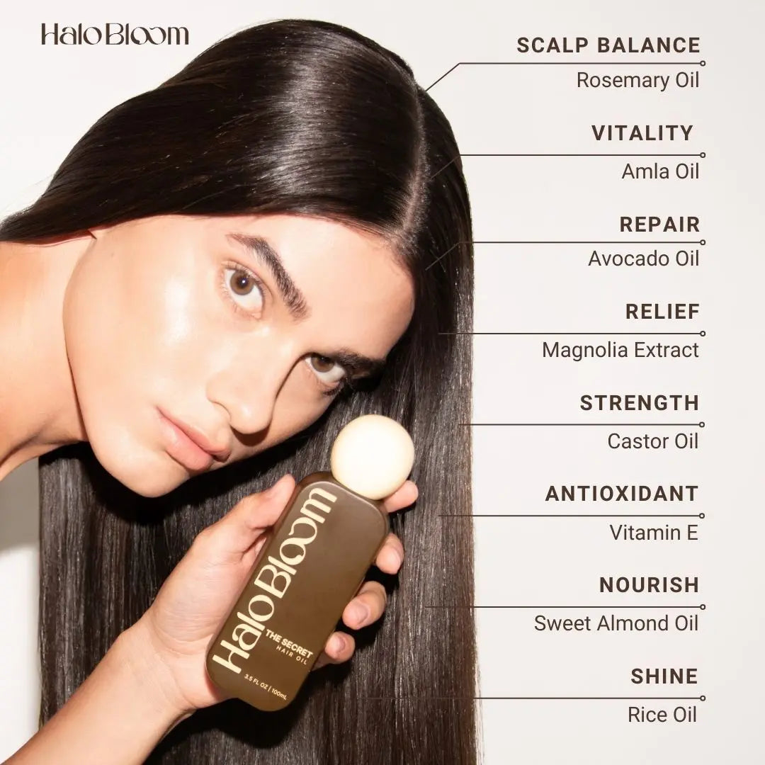 Halo Bloom Signature Set Gift Bundle the Secret Abloomdant Arcadia Hair Oil Serum Brush Set for Festive Hair Care