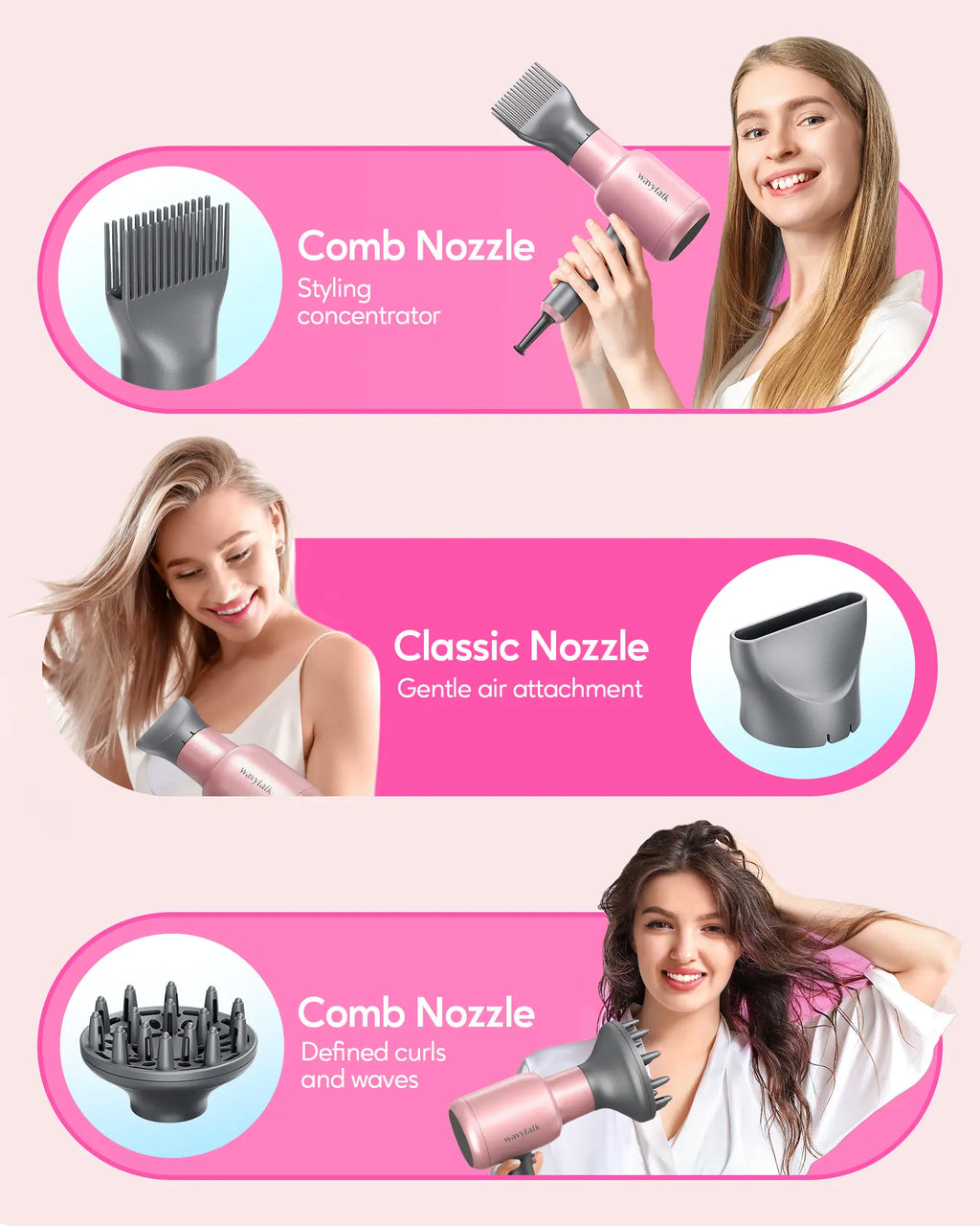 Wavytalk Blown Away Ionic Hair Dryer | 1875W Quick-Dry, Ceramic Coating Heat Damage Protection, Diffuser & Styling Comb Accessories, Lightweight & Quiet, Adaptable to All Hairstyles