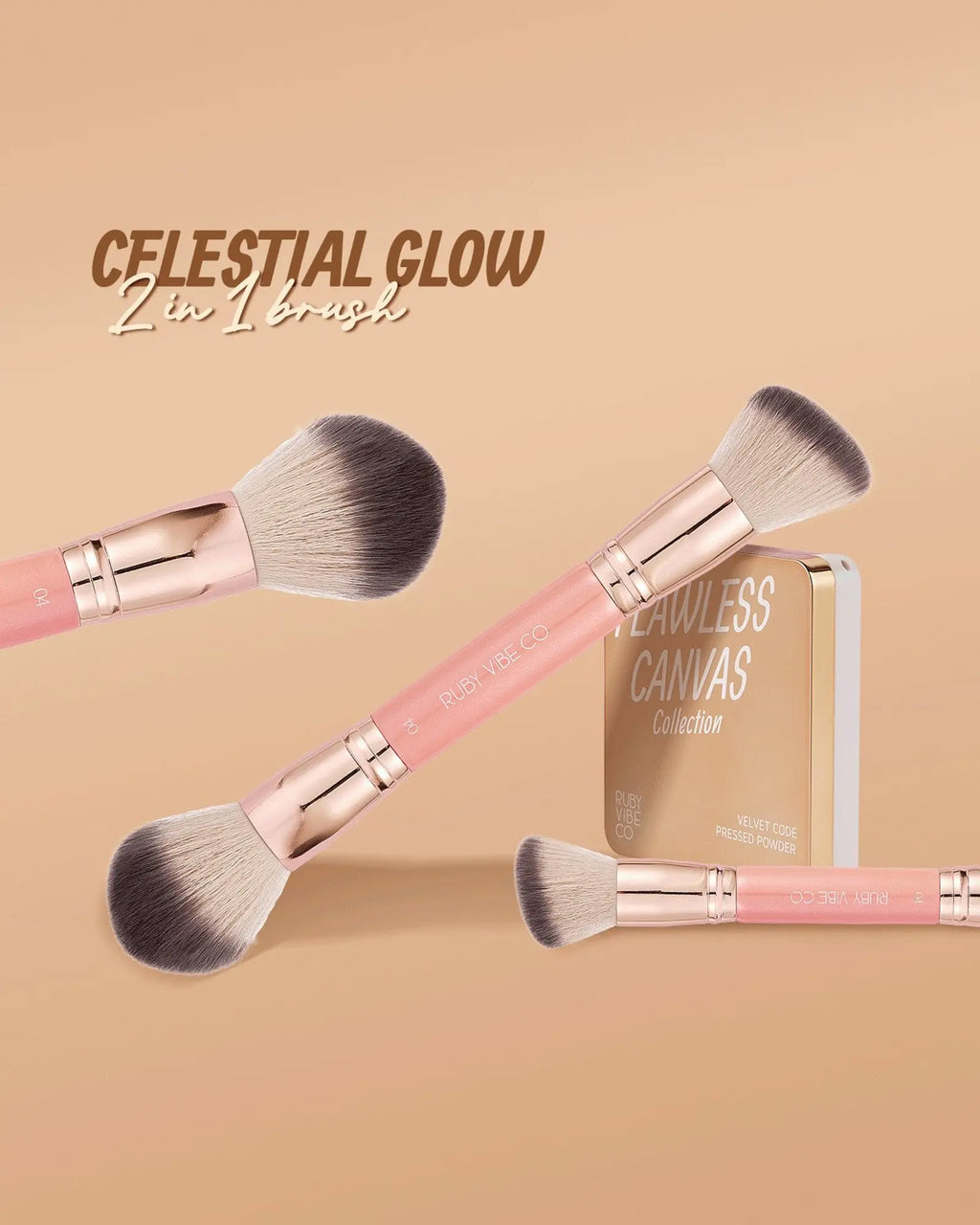 [RUBY VIBE CO] Celestialglow 2-In-1 Brush 016 Complexion Foundation & Concealer Brush Vegan Cruelty-Free Synthetic Bristles, Rose Gold Aluminum Ferrule, Pink Wooden Handle